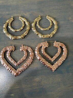 Large Bamboo Heart  Hoop Earrings Gold Tone and Rose Gold Tone Statement Party 3